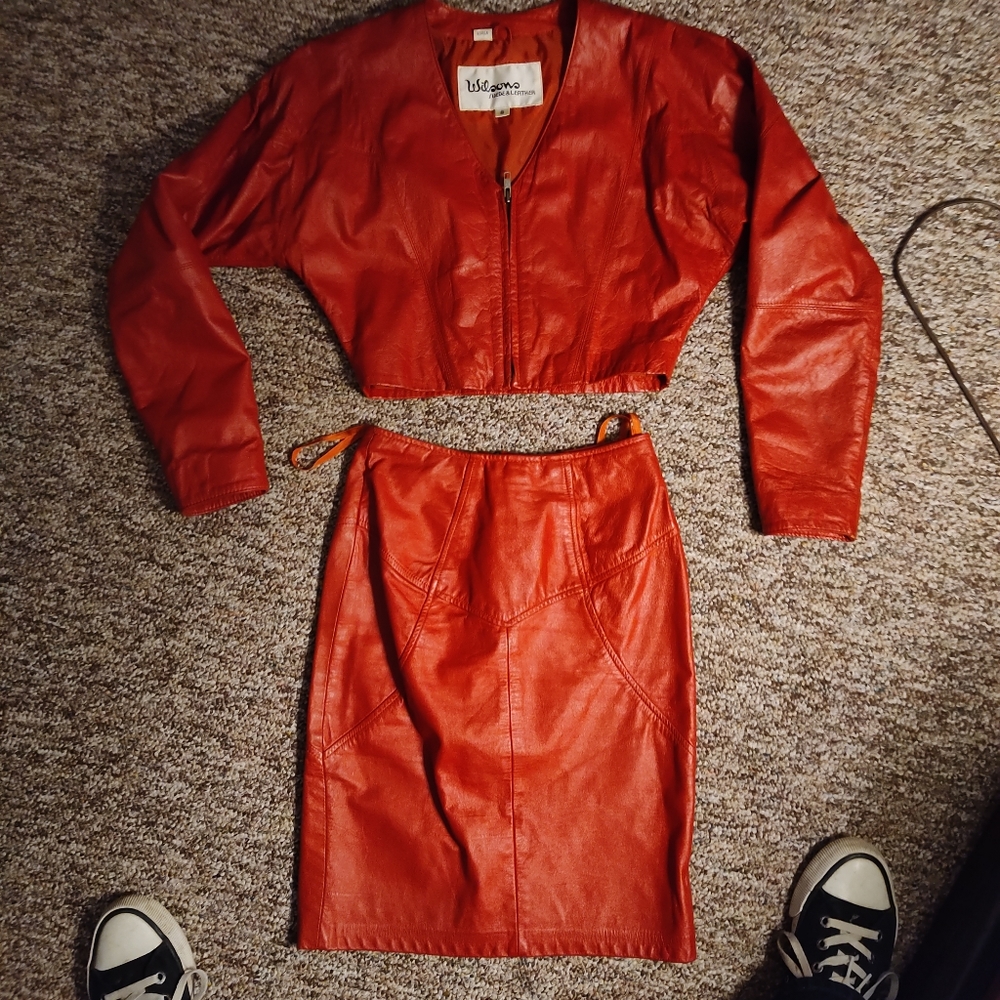 80's leather skirt and jacket by Wilson.